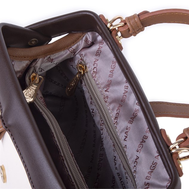 Nas Bag Hakiki Deri Görünümlü Vintage Doktor Çantası Küçük Boy El ve Omuz Çantası Krem Kahve Taba  Victoria
