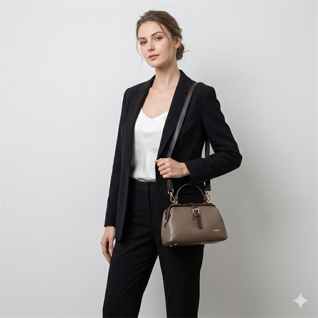 Nas Bag Hakiki Deri Görünümlü Vintage Doktor Çantası Küçük Boy El ve Omuz Çantası Vizon Kahve Victoria