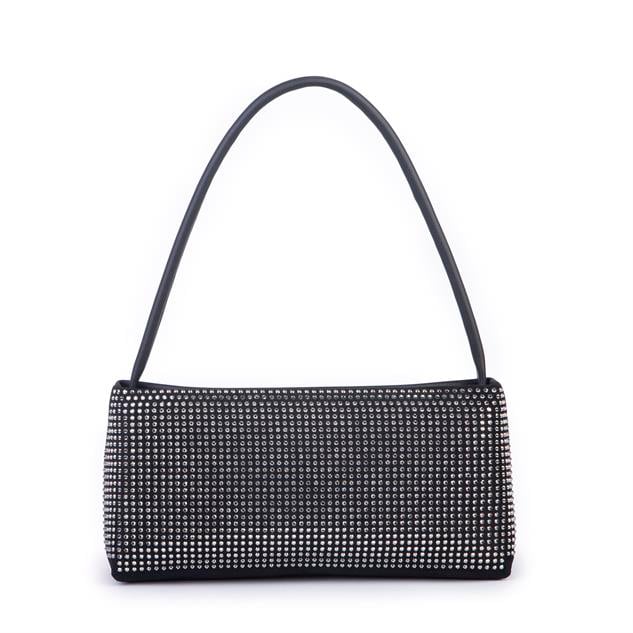 Nas Bag Kadın Basic Baget Omuz ve Çapraz Çanta Siyah Gümüş Taşlı (27x12 cm )