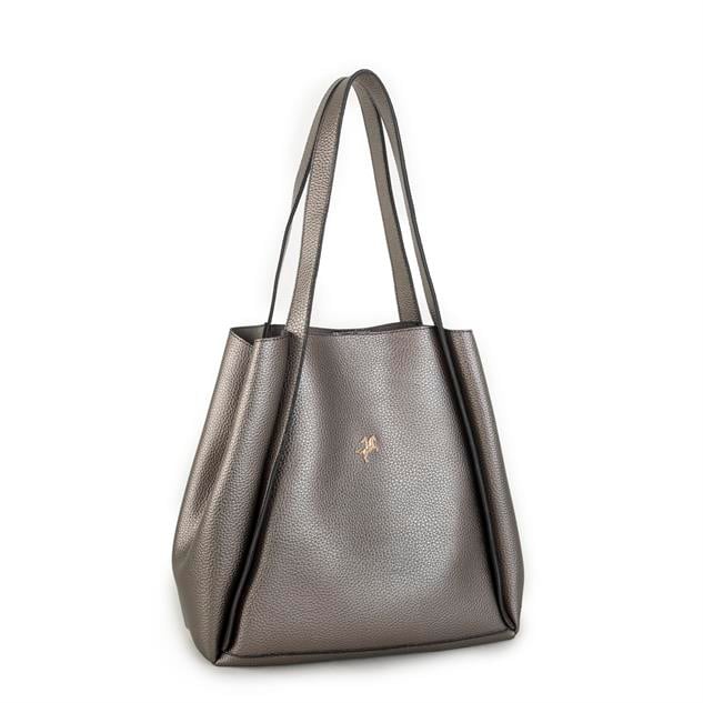 Nas Bag Kadın Büyük Boy Büzmeli Yavrulu Çıtçıtlı Tote Bag Omuz Çantası Gri 