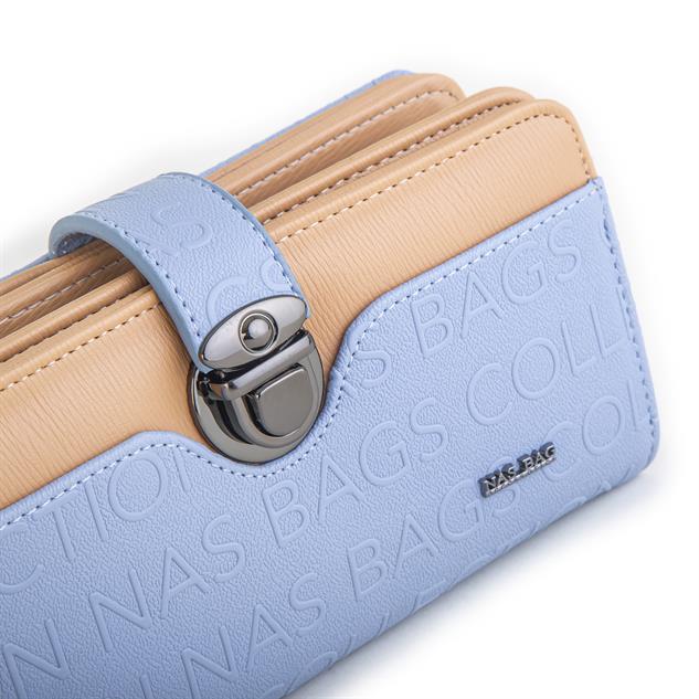 Nas Bag Kadın Büyük Boy Klipsli Geniş Cüzdan Mavi Camel  Gofraj
