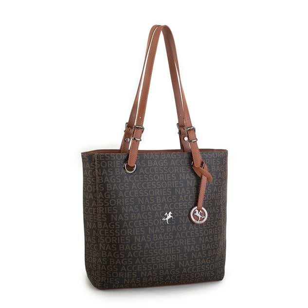 Nas Bag Kadın Büyük Boy Omuz Çantası ( 35x35x12 cm) Kahve Taba Yazılı