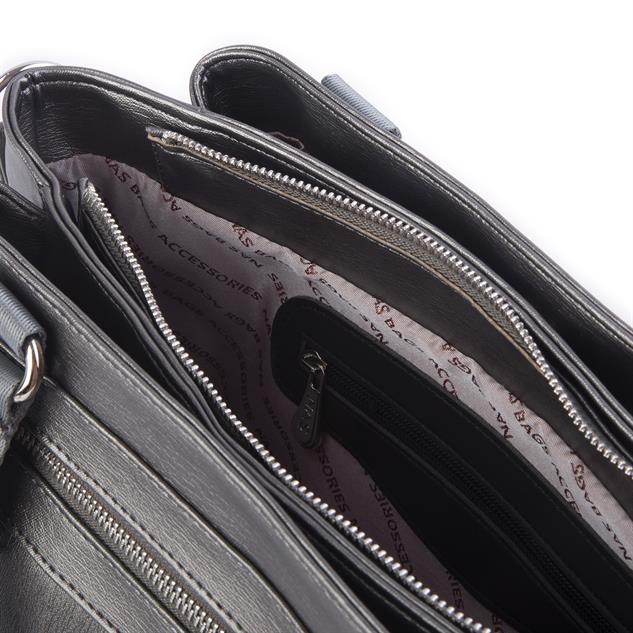 Nas Bag Kadın Çanta Omuz El ve Çapraz Çanta Çok Gözlü Gri Yıkamalı (en:37 cm ; boy:24 cm )