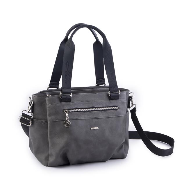 Nas Bag Kadın Çanta Omuz El ve Çapraz Çanta Çok Gözlü Gri Siyah King (en:37 cm ; boy:24 cm )