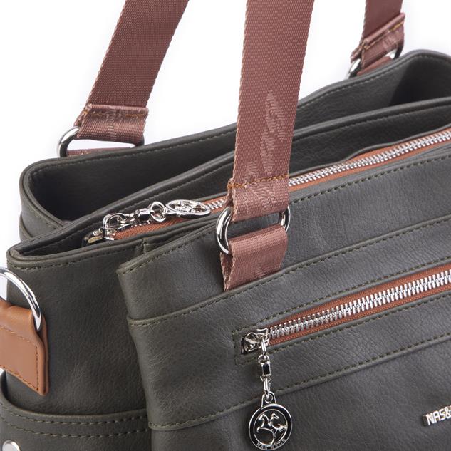 Nas Bag Kadın Çanta Omuz El ve Çapraz Çanta Çok Gözlü Yeşil Taba King  (en:37 cm ; boy:24 cm )