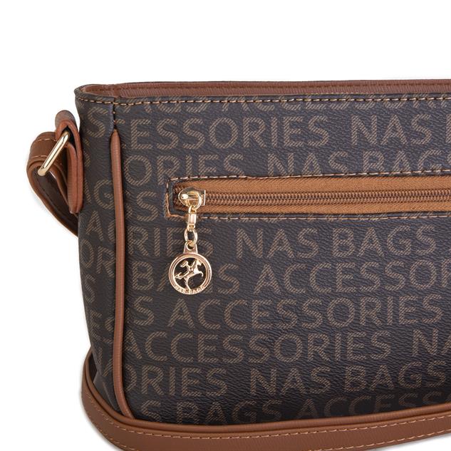 Nas Bag Kadın Çapraz Çanta Ayarlanabilir Askı Bölmeli İç Dizayn Kahve Taba  Yazılı
