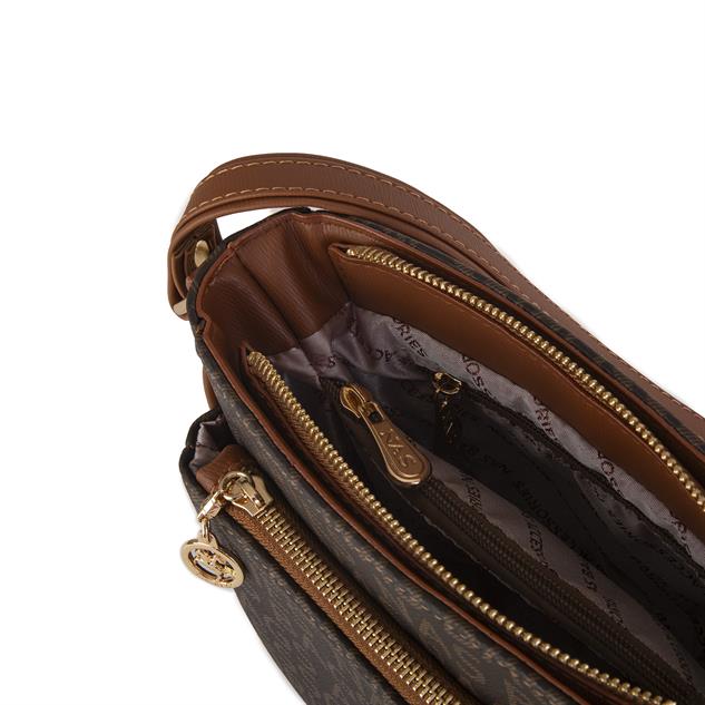 Nas Bag Kadın Çapraz Çanta Ayarlanabilir Askı Bölmeli İç Dizayn Kahve Taba  Yazılı