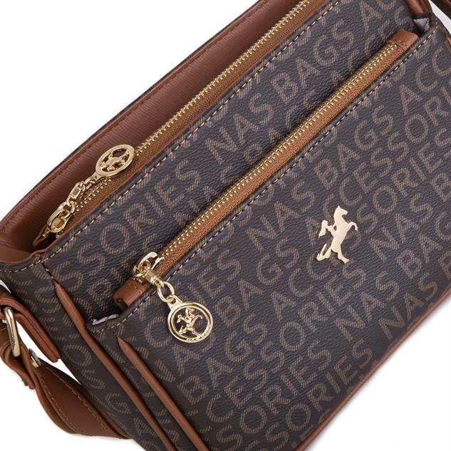 Nas Bag Kadın Çapraz Çanta Ayarlanabilir Askı Bölmeli İç Dizayn Kahve Taba  Yazılı