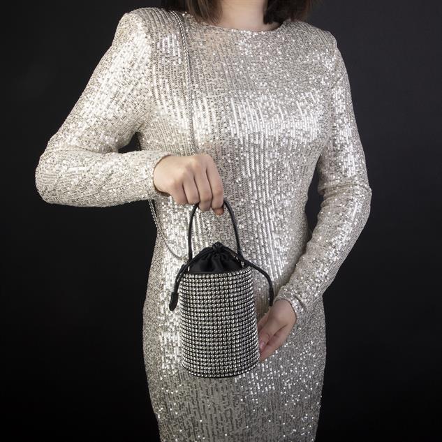 Nas Bag Kadın Çapraz  Çanta  Black White Diamond Siyah Gümüş Taşlı Silindir  Çanta
