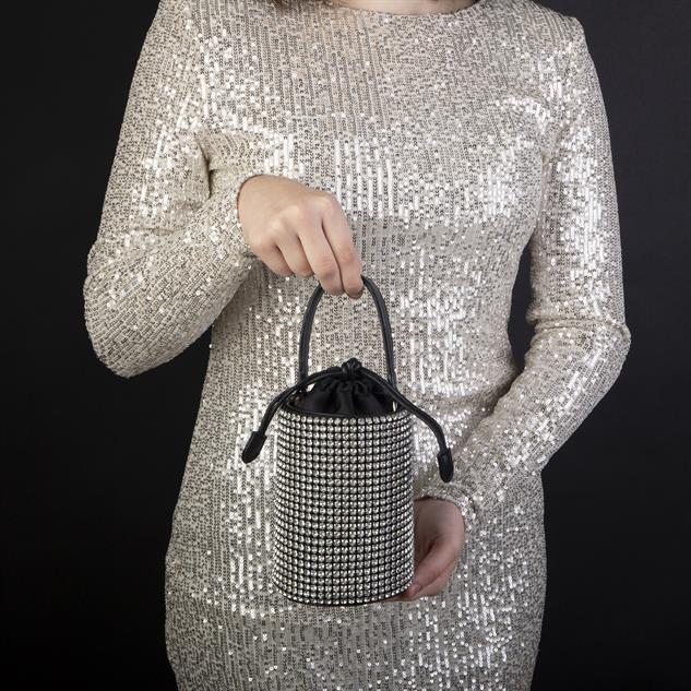 Nas Bag Kadın Çapraz  Çanta  Black White Diamond Siyah Gümüş Taşlı Silindir  Çanta