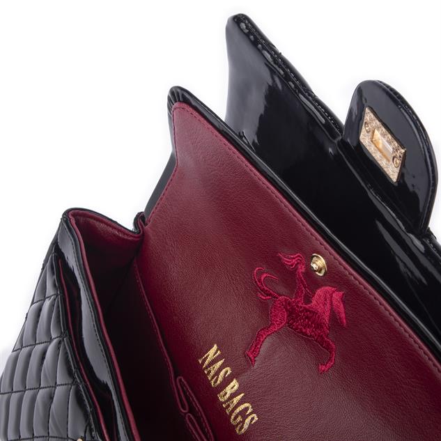 Nas Bag Kadın Çapraz Çanta Büyük Boy Zincirli Kapitone Siyah Rugan (en:26 ; boy:16 cm ) 