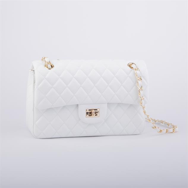 Nas Bag Kadın Çapraz Çanta Büyük Boy Zincirli Kapitone Beyaz Nova (en:26 ; boy:16 cm ) 
