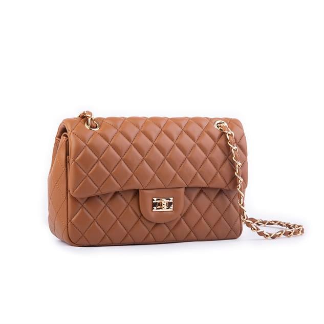 Nas Bag Kadın Çapraz Çanta Büyük Boy Zincirli Kapitone Taba Nova (en:26 ; boy:16 cm ) 