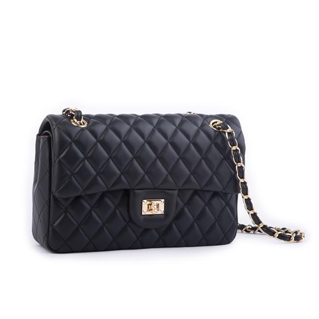 Nas Bag Kadın Çapraz Çanta Büyük Boy Zincirli Kapitone Siyah  Nova (en:26 ; boy:16 cm ) 