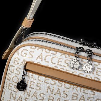 Nas Bag Kadın Çapraz Çanta Çift Gözlü Ayarlanabilir Askılı Krem Camel  Yazılı