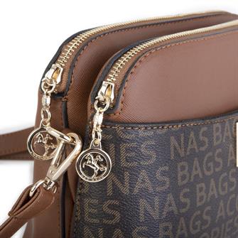 Nas Bag Kadın Çapraz Çanta İki Gözlü Şık Çanta Kahve Taba Yazılı