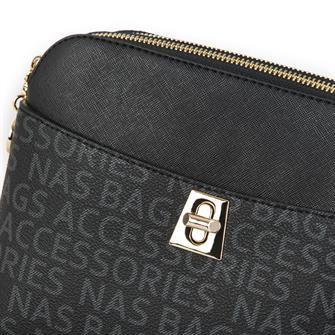 Nas Bag Kadın Çapraz Çanta İki Gözlü Şık Çanta Siyah Yazılı