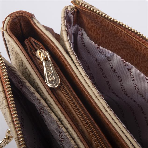 Nas Bag Kadın Çapraz Çanta Kalın Ayarlanabilir Askılı Çanta Vizon Taba Yazılı (En: 26 cm,  Boy: 22 cm )