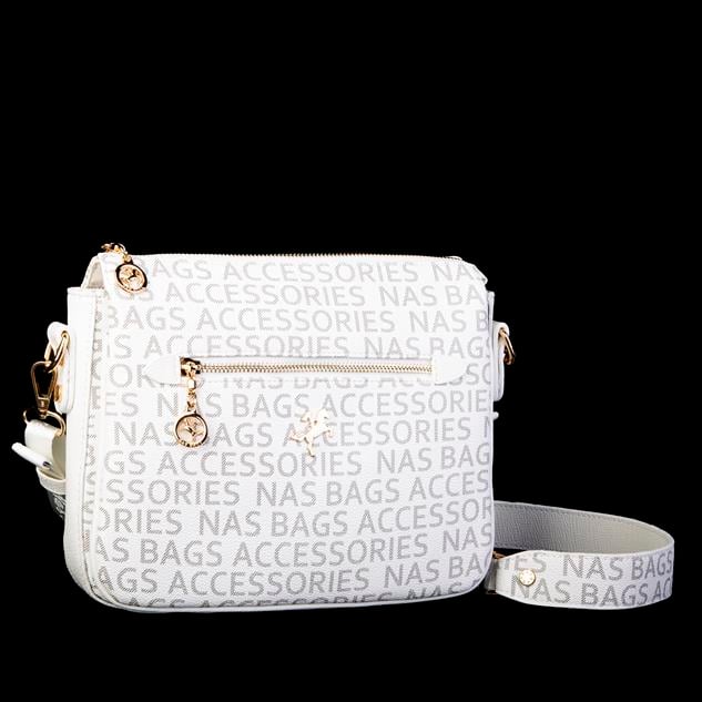 Nas Bag Kadın Çapraz Çanta Kalın Ayarlanabilir Askılı Çanta Beyaz  Yazılı (En: 26 cm,  Boy: 22 cm )