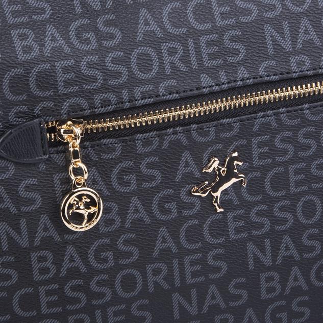 Nas Bag Kadın Çapraz Çanta Kalın Ayarlanabilir Askılı Çanta Siyah Yazılı (En: 26 cm,  Boy: 22 cm )