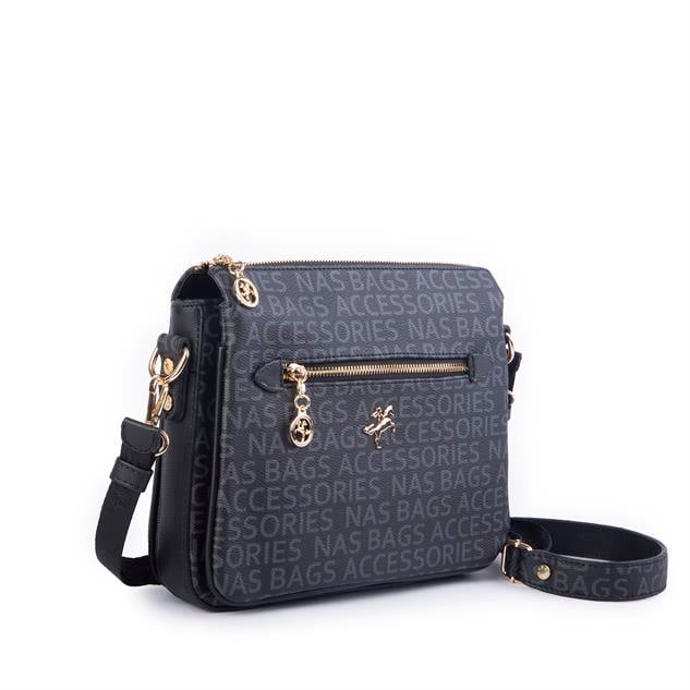 Nas Bag Kadın Çapraz Çanta Kalın Ayarlanabilir Askılı Çanta Siyah Yazılı (En: 26 cm,  Boy: 22 cm )