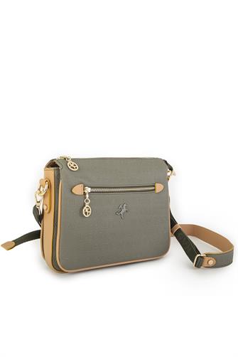 Nas Bag Kadın Çapraz Çanta Kalın Ayarlanabilir Askılı Çanta Yeşil Camel Gofraj (En: 26 cm,  Boy: 22 cm )