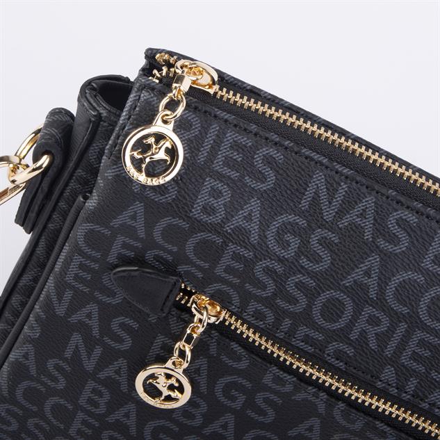 Nas Bag Kadın Çapraz Çanta Kalın Ayarlanabilir Askılı Çanta Siyah Yazılı (En: 26 cm,  Boy: 22 cm )