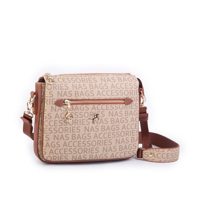Nas Bag Kadın Çapraz Çanta Kalın Ayarlanabilir Askılı Çanta Vizon Taba Yazılı (En: 26 cm,  Boy: 22 cm )