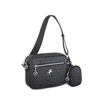 Nas Bag Kadın Çapraz Çanta Mini Cüzdanlı Ayarlanabilir Askılı Siyah Yazılı