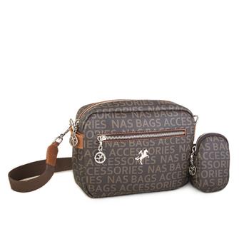 Nas Bag Kadın Çapraz Çanta Mini Cüzdanlı Ayarlanabilir Askılı Kahve Taba Yazılı
