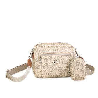 Nas Bag Kadın Çapraz Çanta Mini Cüzdanlı Ayarlanabilir Askılı Vizon Taba Yazılı