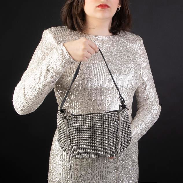 Nas Bag Kadın Çapraz  Çanta  Siyah White Diamond Beyaz Taşlı Ayarlanabilir Askılı