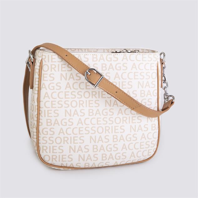 Nas Bag Kadın Çapraz Çanta Spor Ayarlanabilir Askılı  Krem Camel Yazılı (ürün ölçüsü :24x24x7 cm)