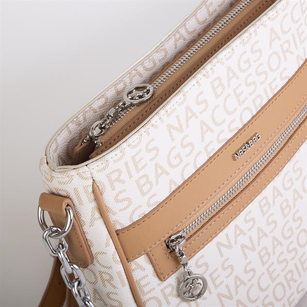 Nas Bag Kadın Çapraz Çanta Spor Ayarlanabilir Askılı  Krem Camel Yazılı (ürün ölçüsü :24x24x7 cm)