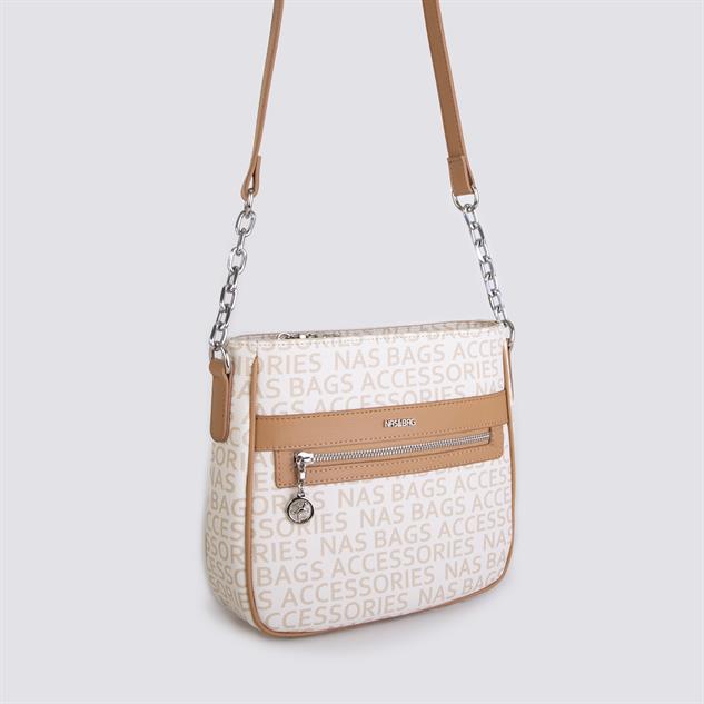 Nas Bag Kadın Çapraz Çanta Spor Ayarlanabilir Askılı  Krem Camel Yazılı (ürün ölçüsü :24x24x7 cm)