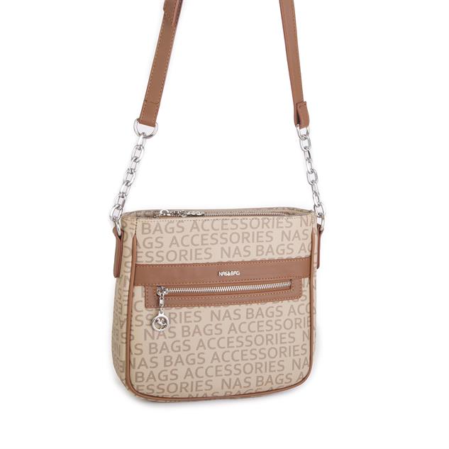 Nas Bag Kadın Çapraz Çanta Spor Ayarlanabilir Askılı  Vizon Taba  Yazılı  (ürün ölçüsü :24x24x7 cm)