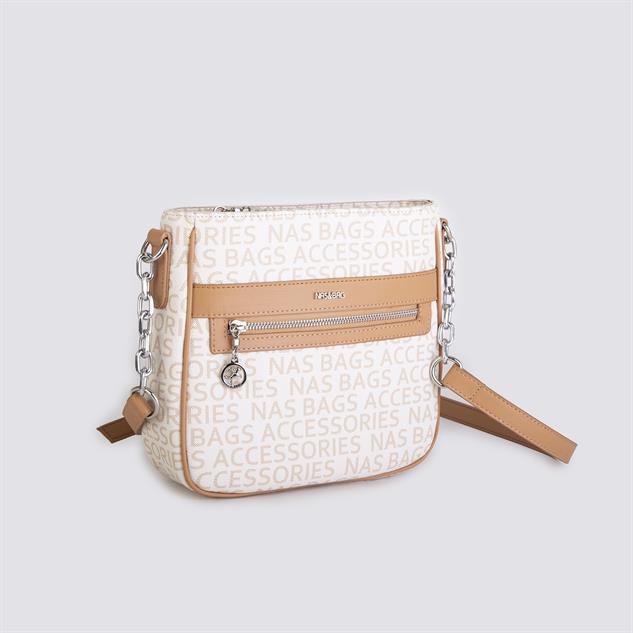 Nas Bag Kadın Çapraz Çanta Spor Ayarlanabilir Askılı  Krem Camel Yazılı (ürün ölçüsü :24x24x7 cm)