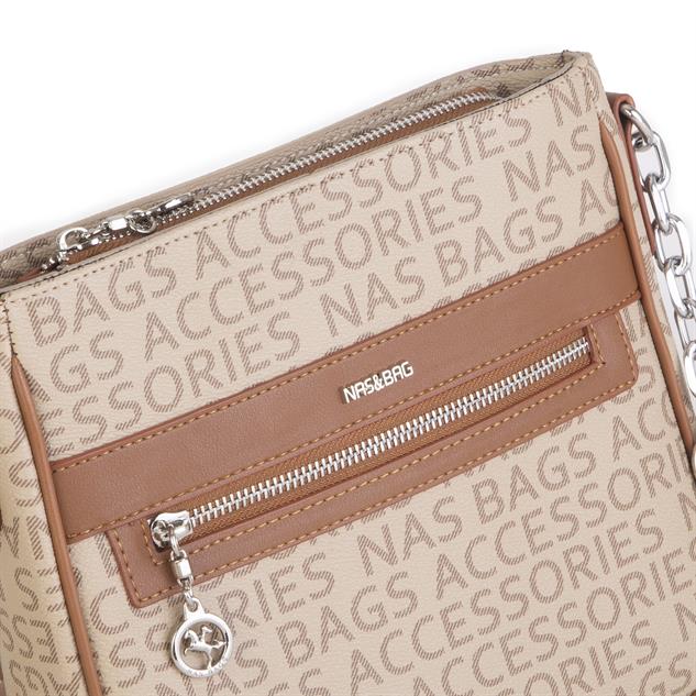 Nas Bag Kadın Çapraz Çanta Spor Ayarlanabilir Askılı  Vizon Taba  Yazılı  (ürün ölçüsü :24x24x7 cm)