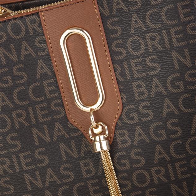 Nas Bag Kadın Çapraz Çanta ve Omuz Çantası Kahve Taba Yazılı
