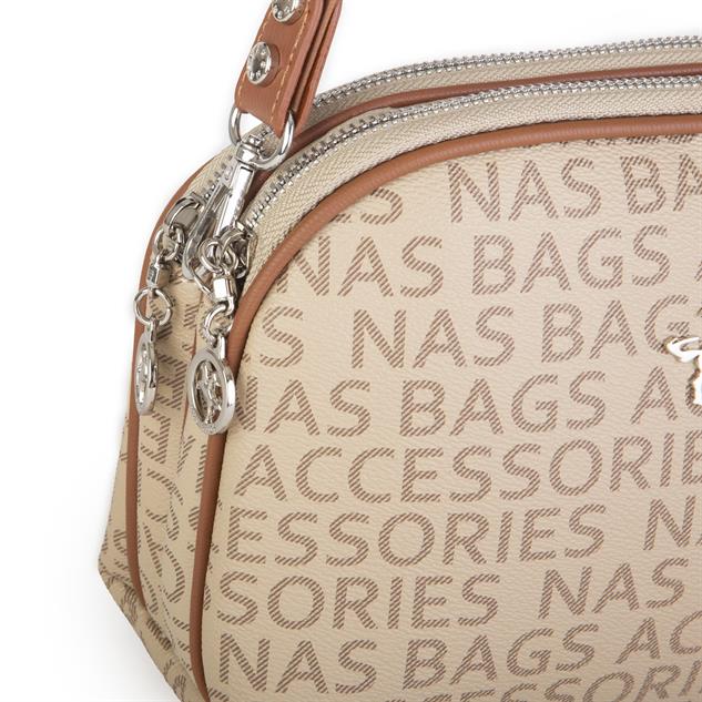 Nas Bag Kadın Çapraz Çantası Çift Gözlü Vizon Taba Yazılı
