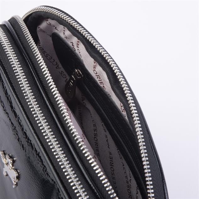 Nas Bag Kadın Çapraz Çantası Çift Gözlü Siyah Krşk Rugan (en:24cm ; boy :20 cm)