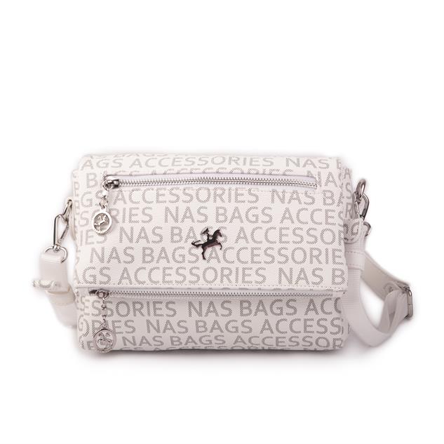 Nas Bag Kadın Çapraz Çok Cepli Spor Çanta Beyaz Yazılı (25x18x7 cm )