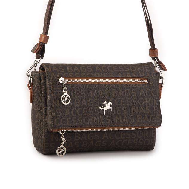 Nas Bag Kadın Çapraz Çok Cepli Spor Çanta Kahve Taba Yazılı  (25x18x7 cm )
