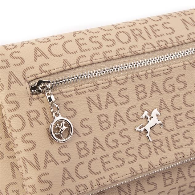 Nas Bag Kadın Çapraz Çok Cepli Spor Çanta Vizon Taba Yazılı  (25x18x7 cm )