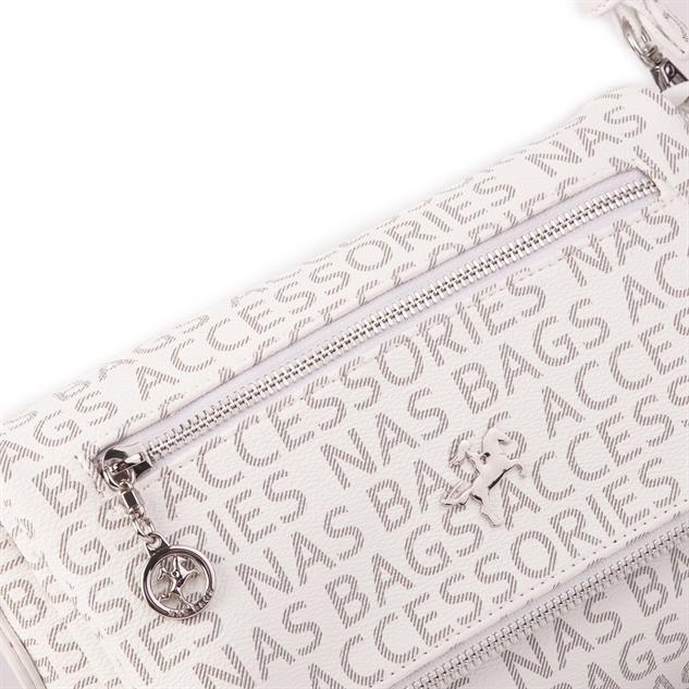 Nas Bag Kadın Çapraz Çok Cepli Spor Çanta Beyaz Yazılı (25x18x7 cm )