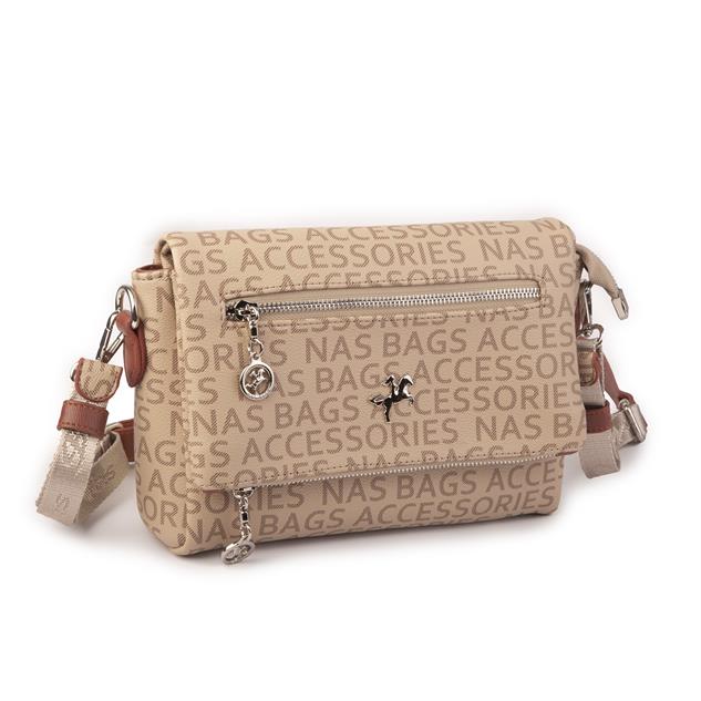 Nas Bag Kadın Çapraz Çok Cepli Spor Çanta Vizon Taba Yazılı  (25x18x7 cm )