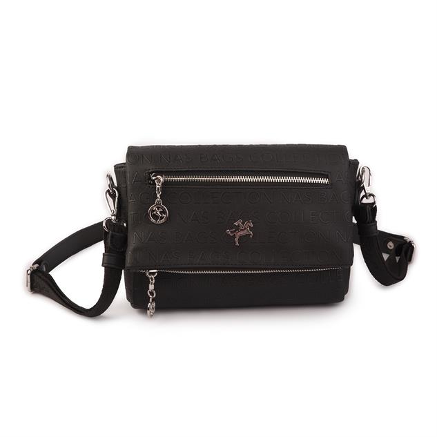 Nas Bag Kadın Çapraz Çok Cepli Spor Çanta Siyah Gofraj  (25x18x7 cm )