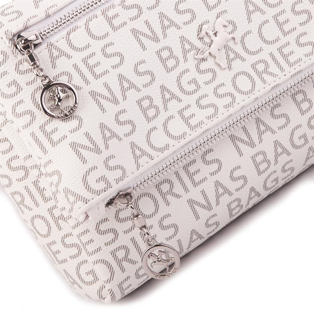 Nas Bag Kadın Çapraz Çok Cepli Spor Çanta Beyaz Yazılı (25x18x7 cm )