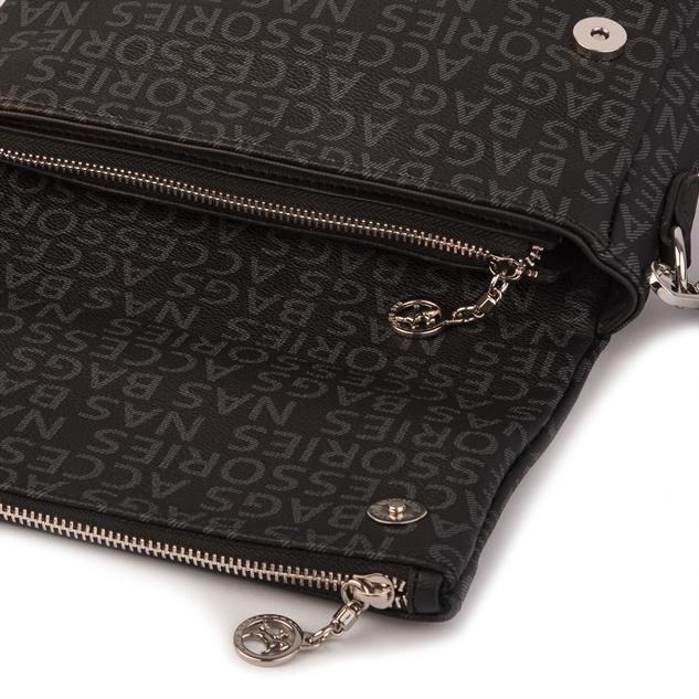 Nas Bag Kadın Çapraz Çok Cepli Spor Çanta Siyah Yazılı  (25x18x7 cm )