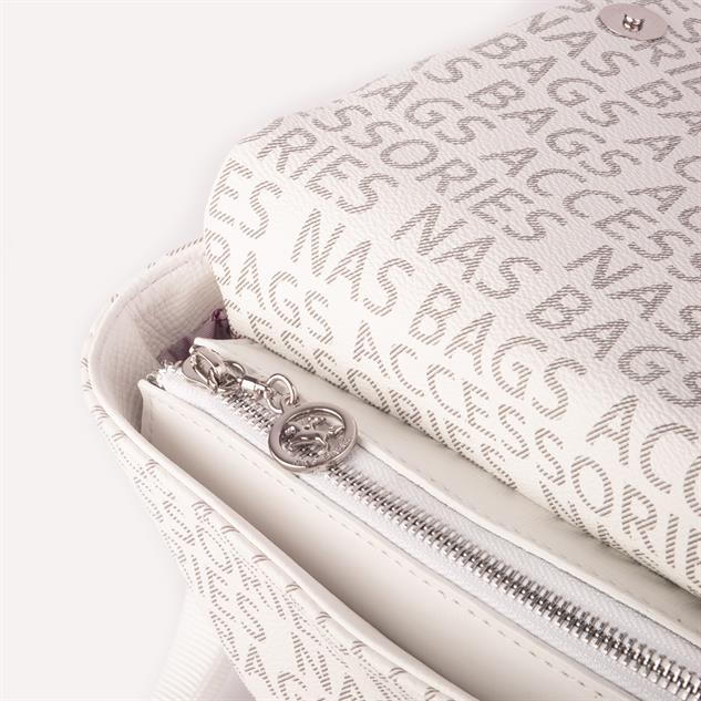Nas Bag Kadın Çapraz Çok Cepli Spor Çanta Beyaz Yazılı (25x18x7 cm )